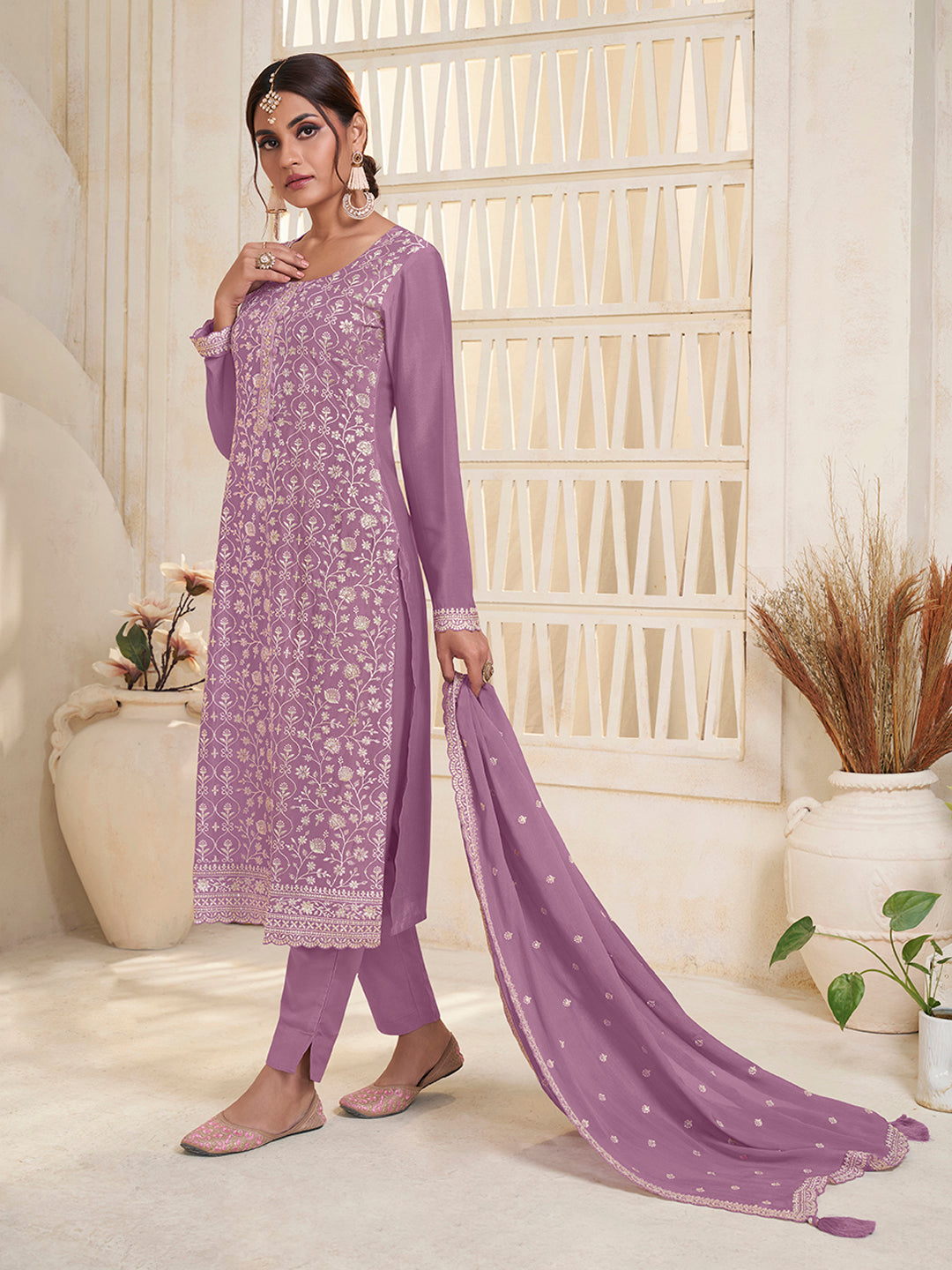 Lavender White Thread Embroidered Kurta Suit Set by Qivii