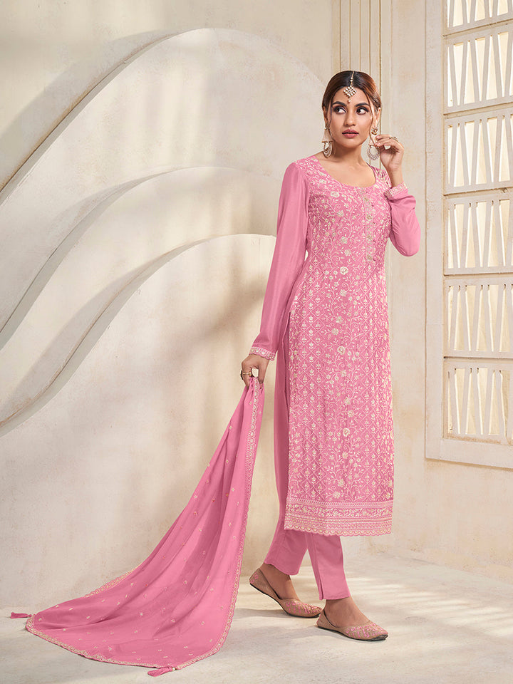 Pink White Thread Embroidered Kurta Suit Set by Qivii