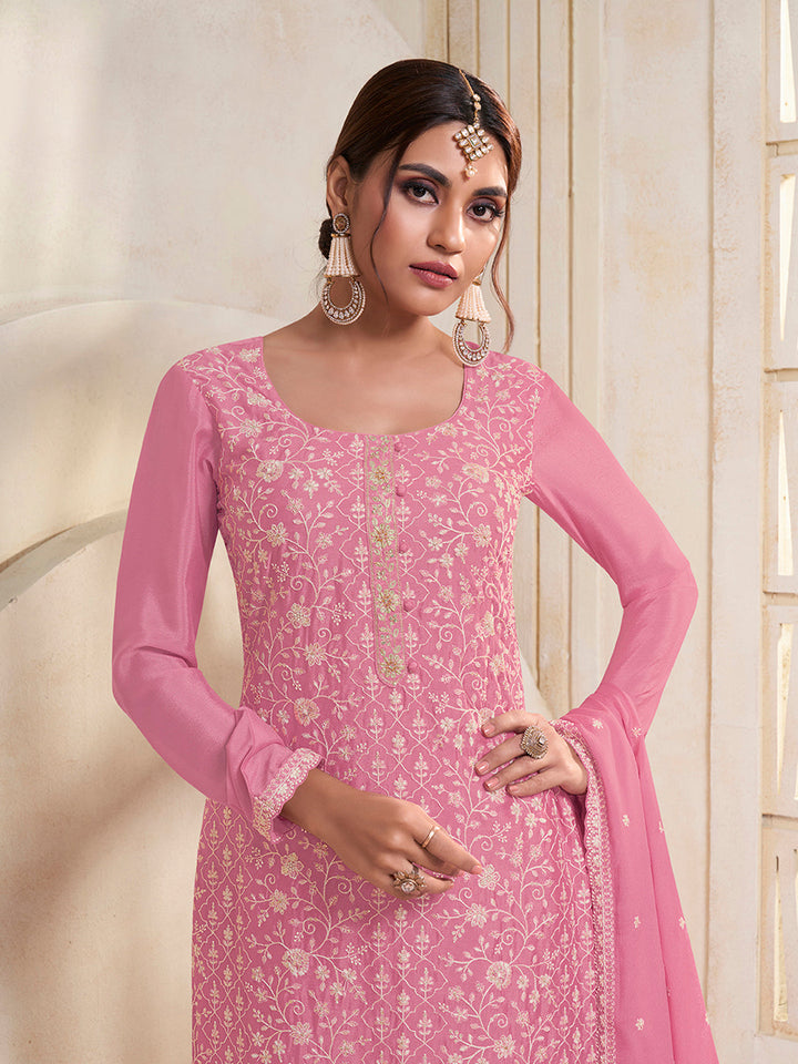 Pink White Thread Embroidered Kurta Suit Set by Qivii