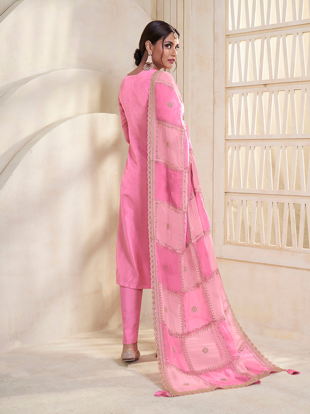 Pink Dola Jacquard with Heavy Sequins Embroidery Kurta Suit set by Qivii