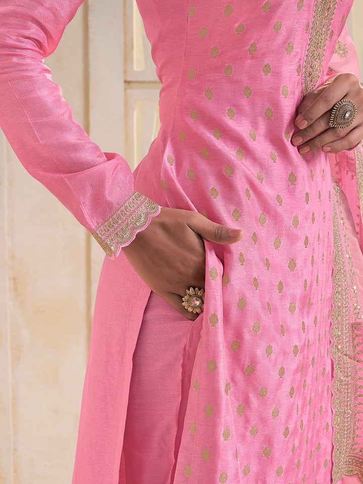 Pink Dola Jacquard with Heavy Sequins Embroidery Kurta Suit set by Qivii