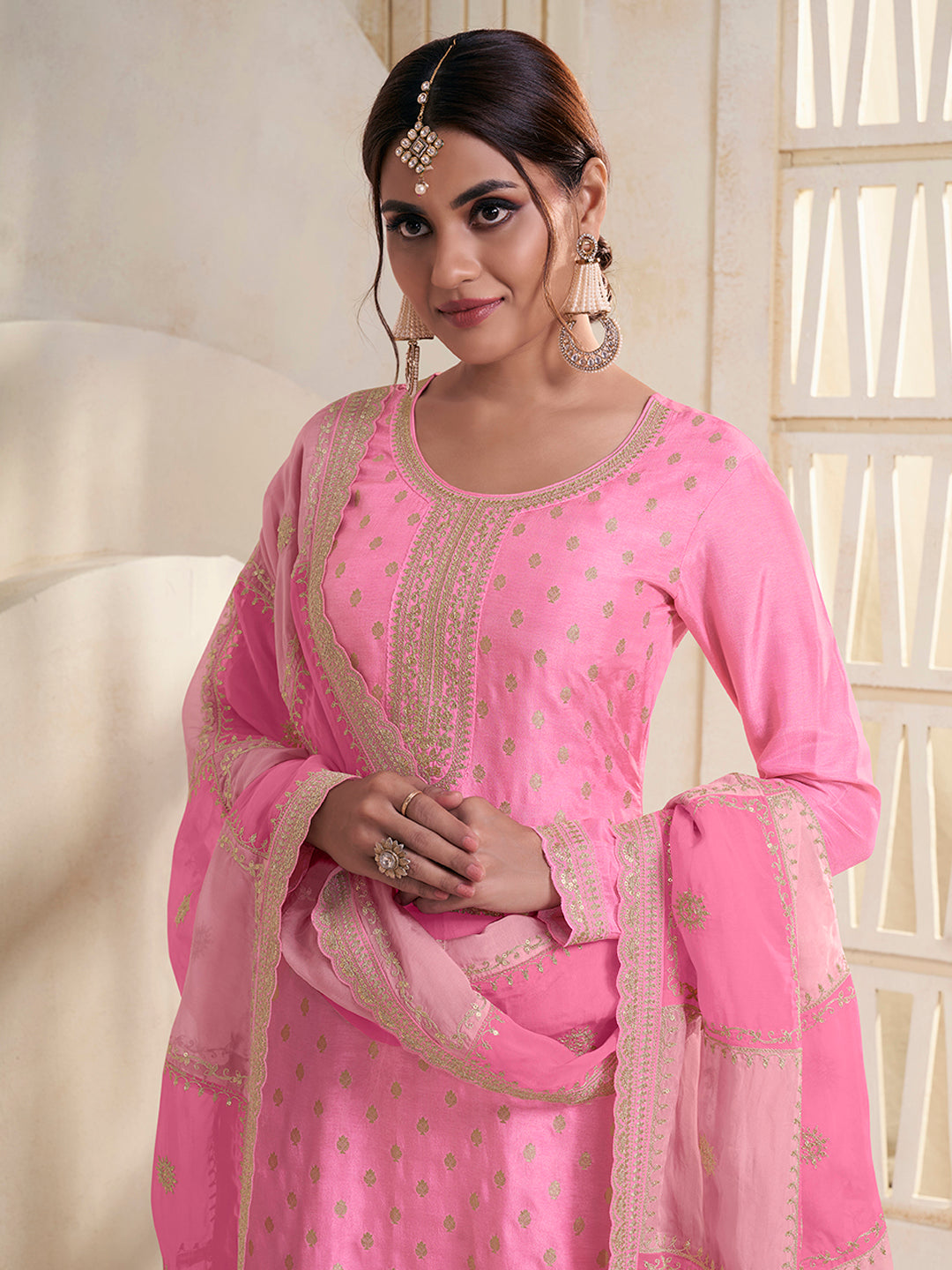 Pink Dola Jacquard with Heavy Sequins Embroidery Kurta Suit set by Qivii