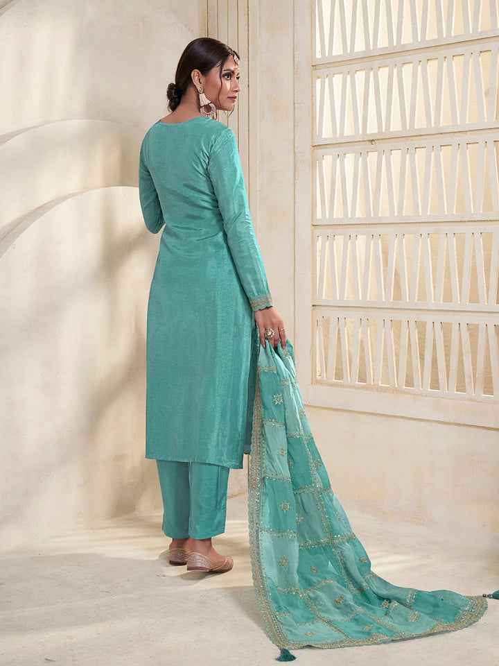 Sea Green Dola Jacquard with Heavy Sequins Embroidery Kurta Suit set by Qivii