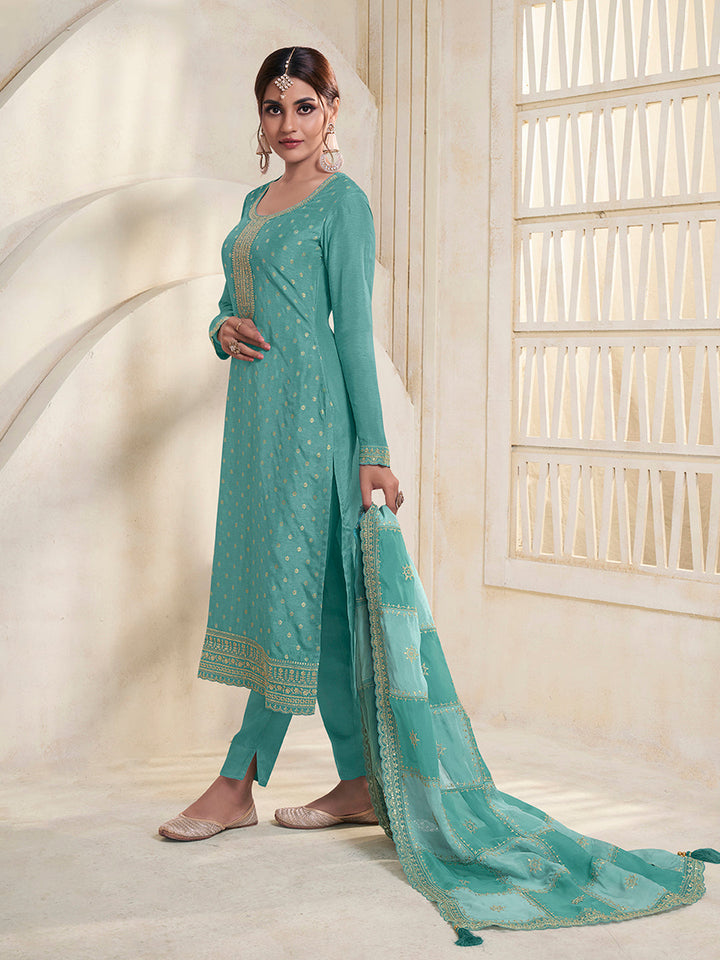 Sea Green Dola Jacquard with Heavy Sequins Embroidery Kurta Suit set by Qivii