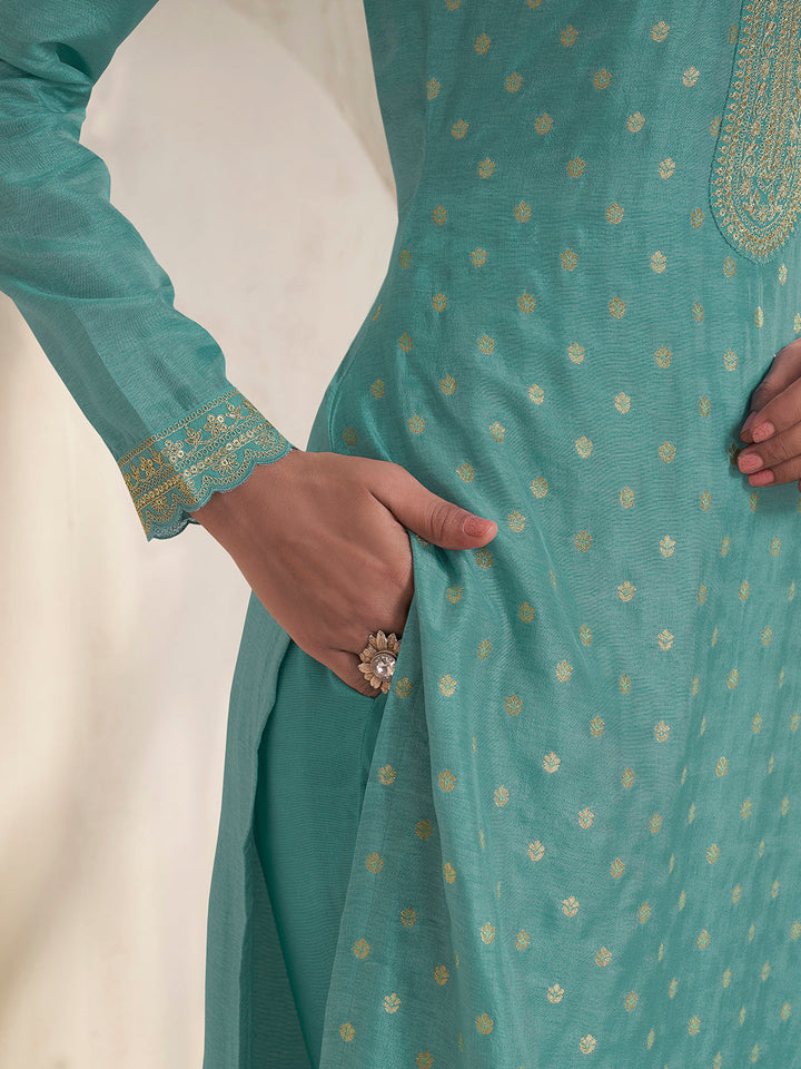 Sea Green Dola Jacquard with Heavy Sequins Embroidery Kurta Suit set by Qivii