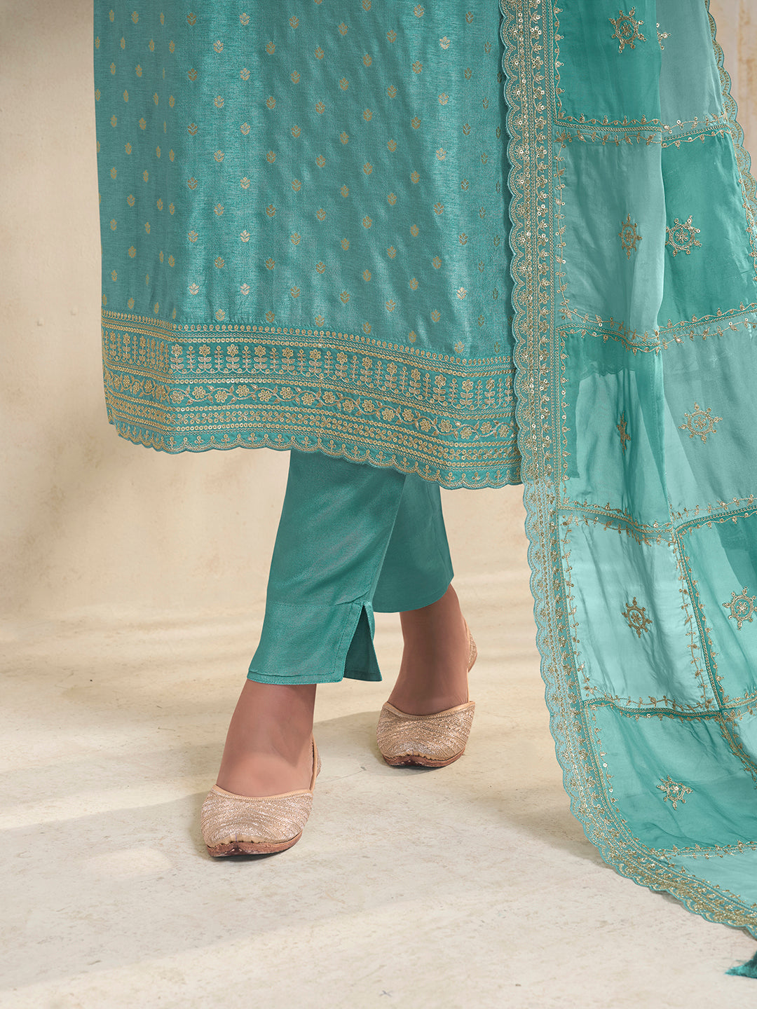 Sea Green Dola Jacquard with Heavy Sequins Embroidery Kurta Suit set by Qivii