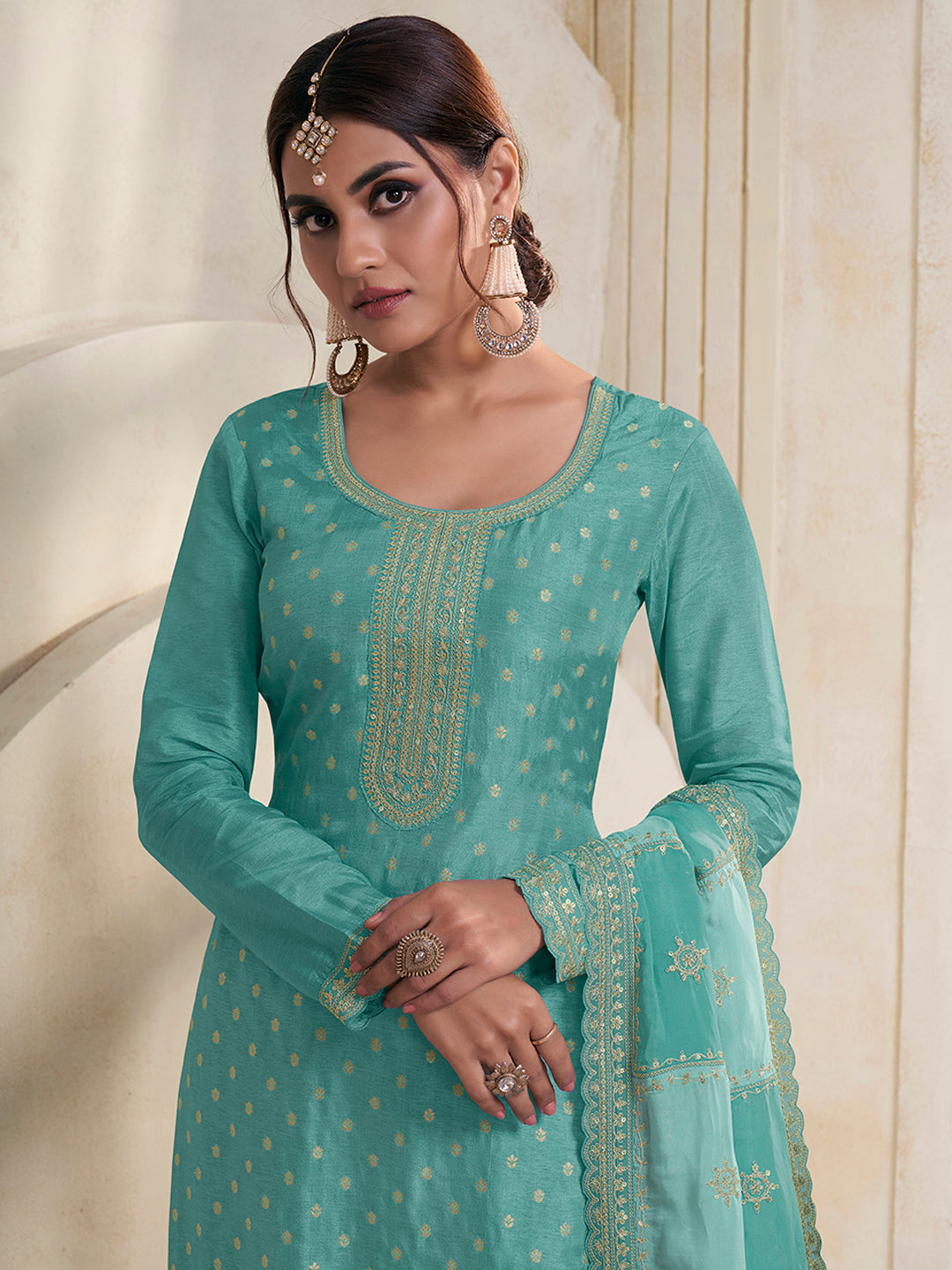 Sea Green Dola Jacquard with Heavy Sequins Embroidery Kurta Suit set by Qivii