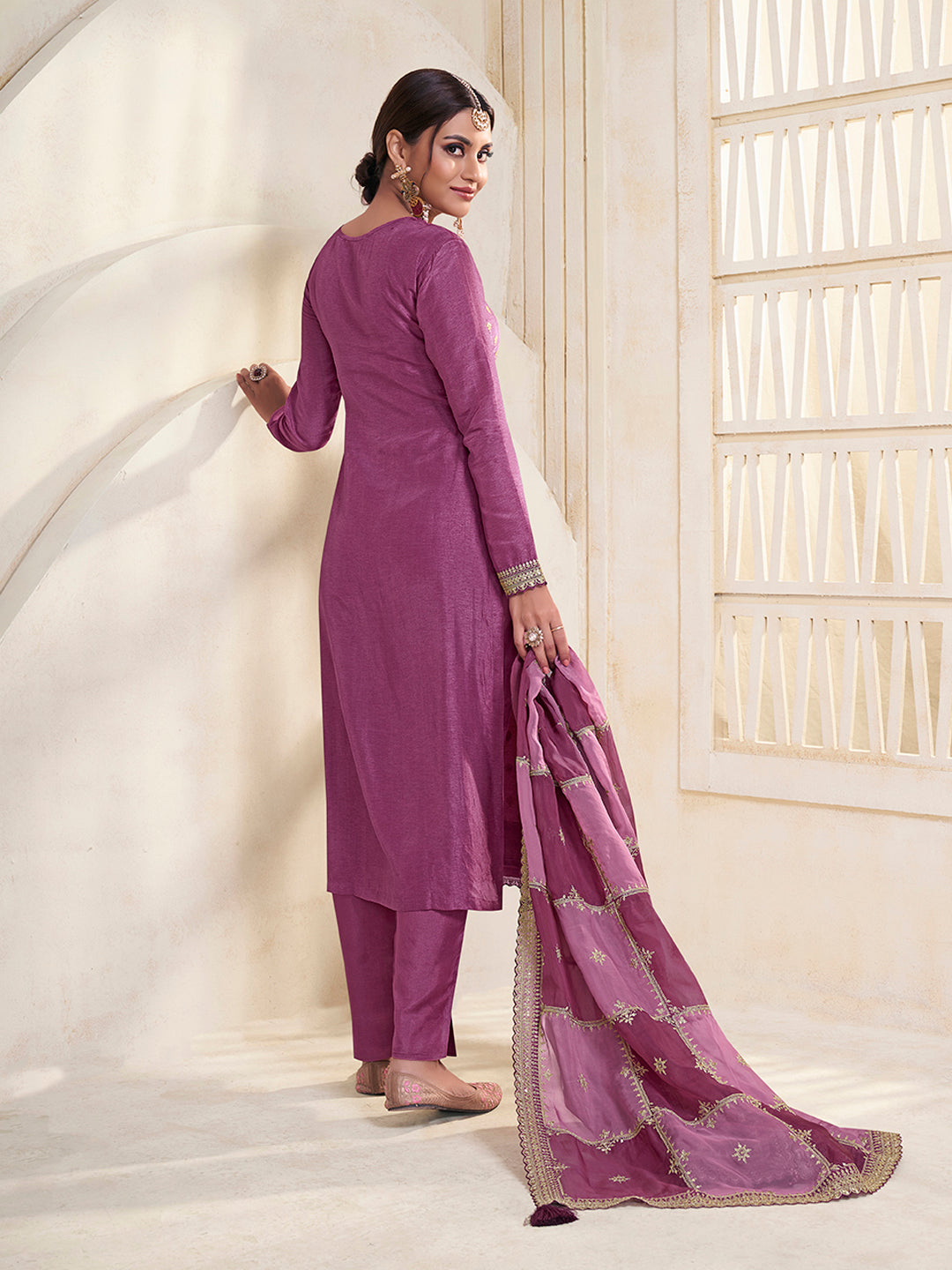 Wine Dola Jacquard with Heavy Sequins Embroidery Kurta Suit set by Qivii