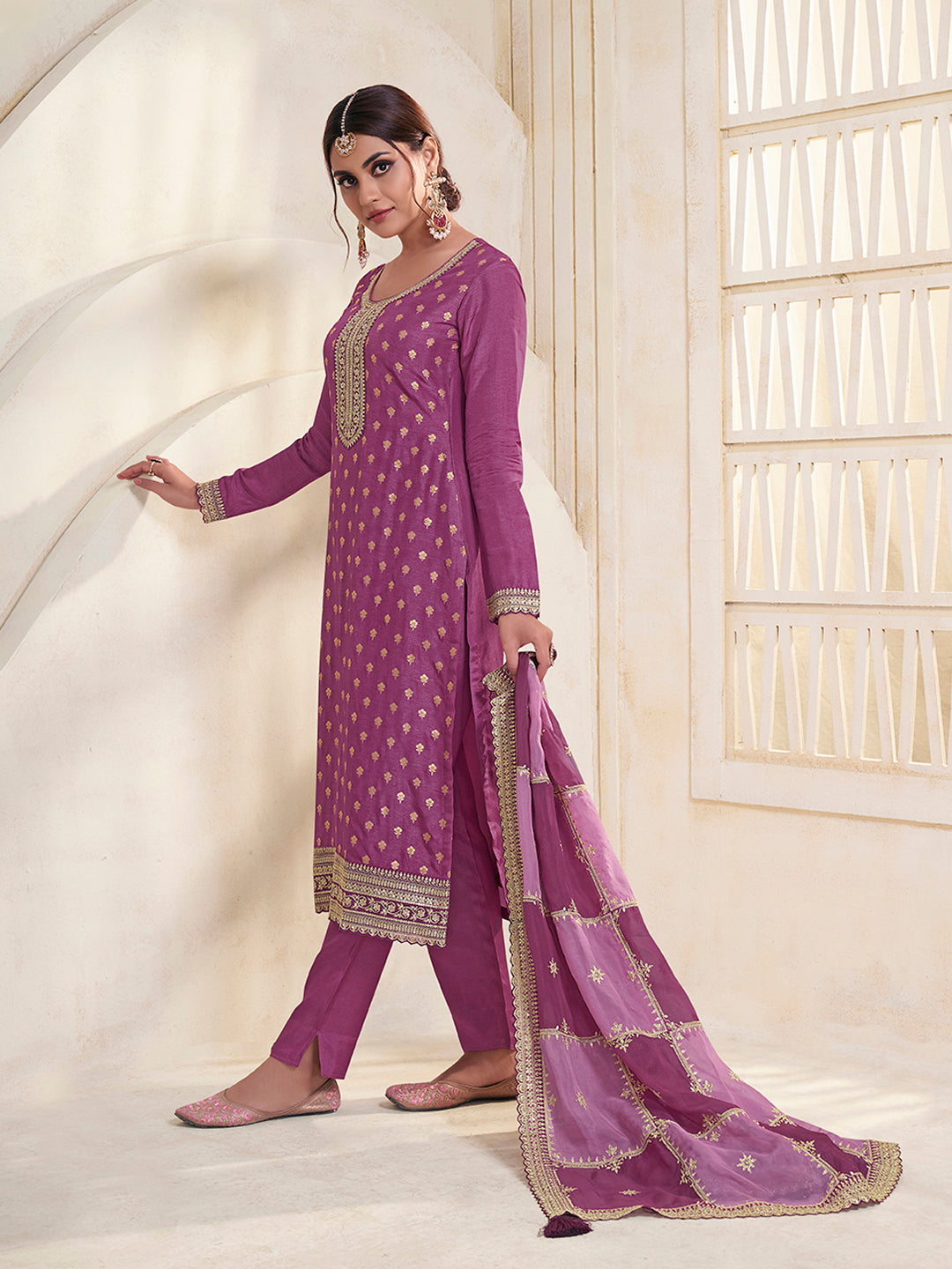 Wine Dola Jacquard with Heavy Sequins Embroidery Kurta Suit set by Qivii