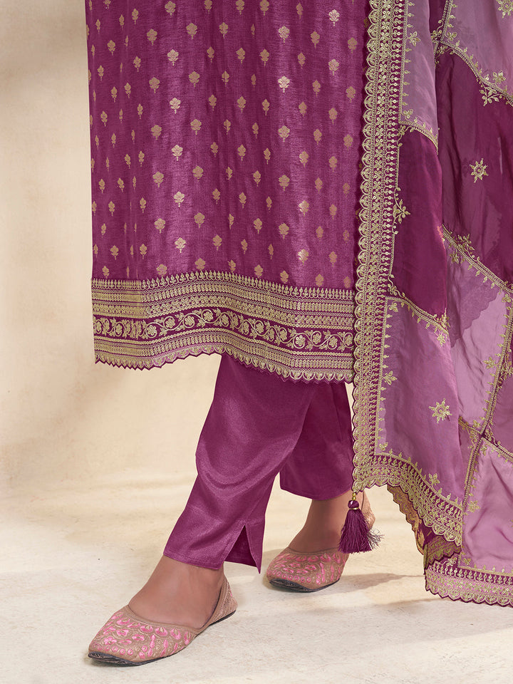 Wine Dola Jacquard with Heavy Sequins Embroidery Kurta Suit set by Qivii