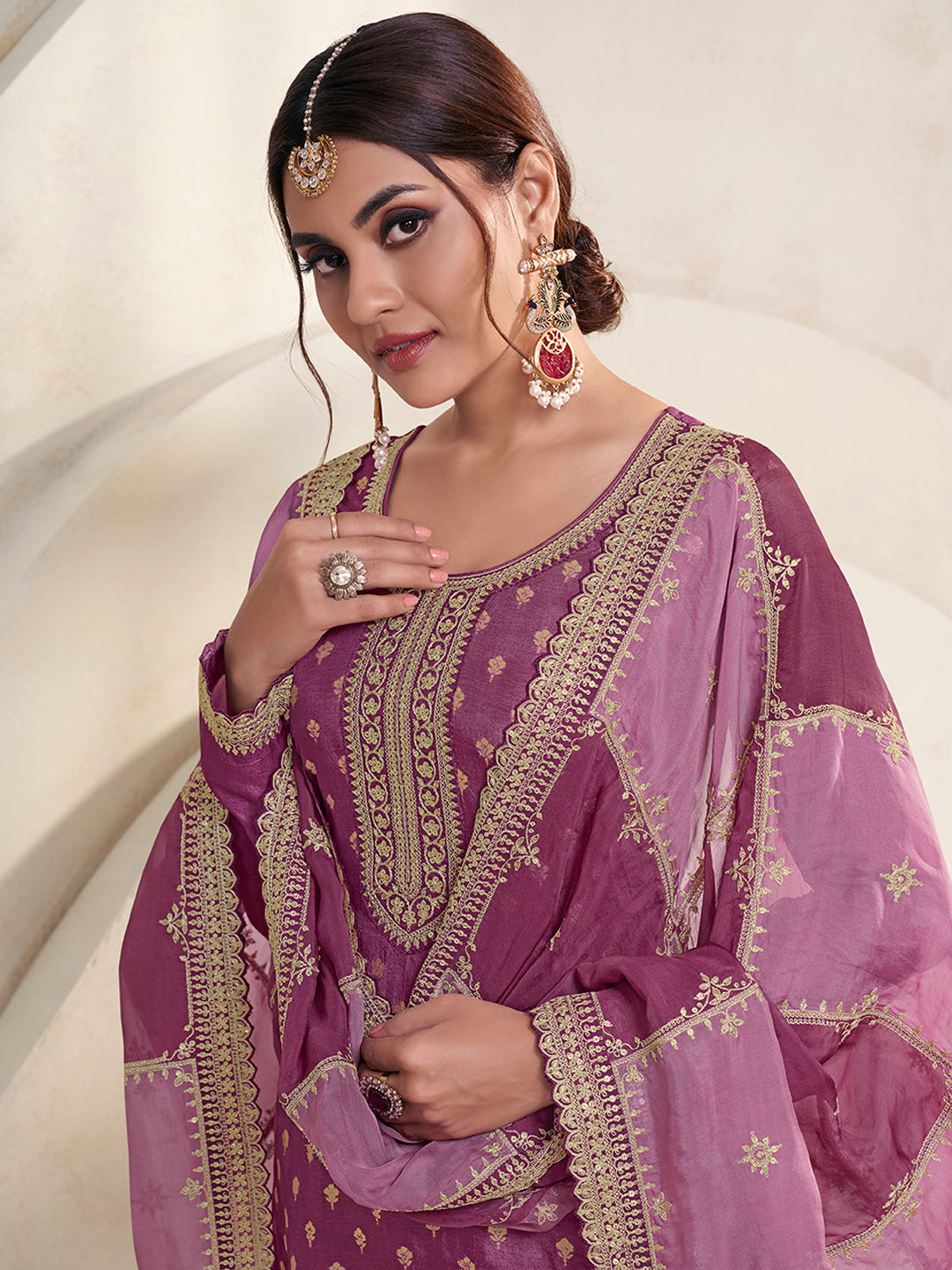 Wine Dola Jacquard with Heavy Sequins Embroidery Kurta Suit set by Qivii