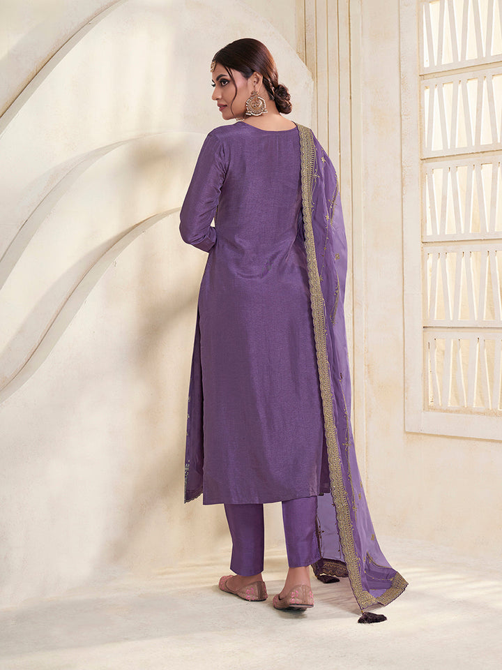 Purple Dola Jacquard with Heavy Sequins Embroidery Kurta Suit set by Qivii