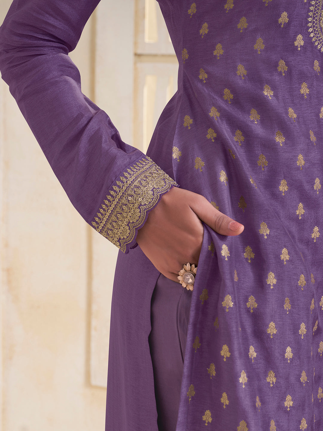 Purple Dola Jacquard with Heavy Sequins Embroidery Kurta Suit set by Qivii