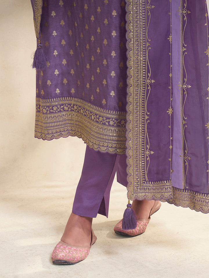 Purple Dola Jacquard with Heavy Sequins Embroidery Kurta Suit set by Qivii