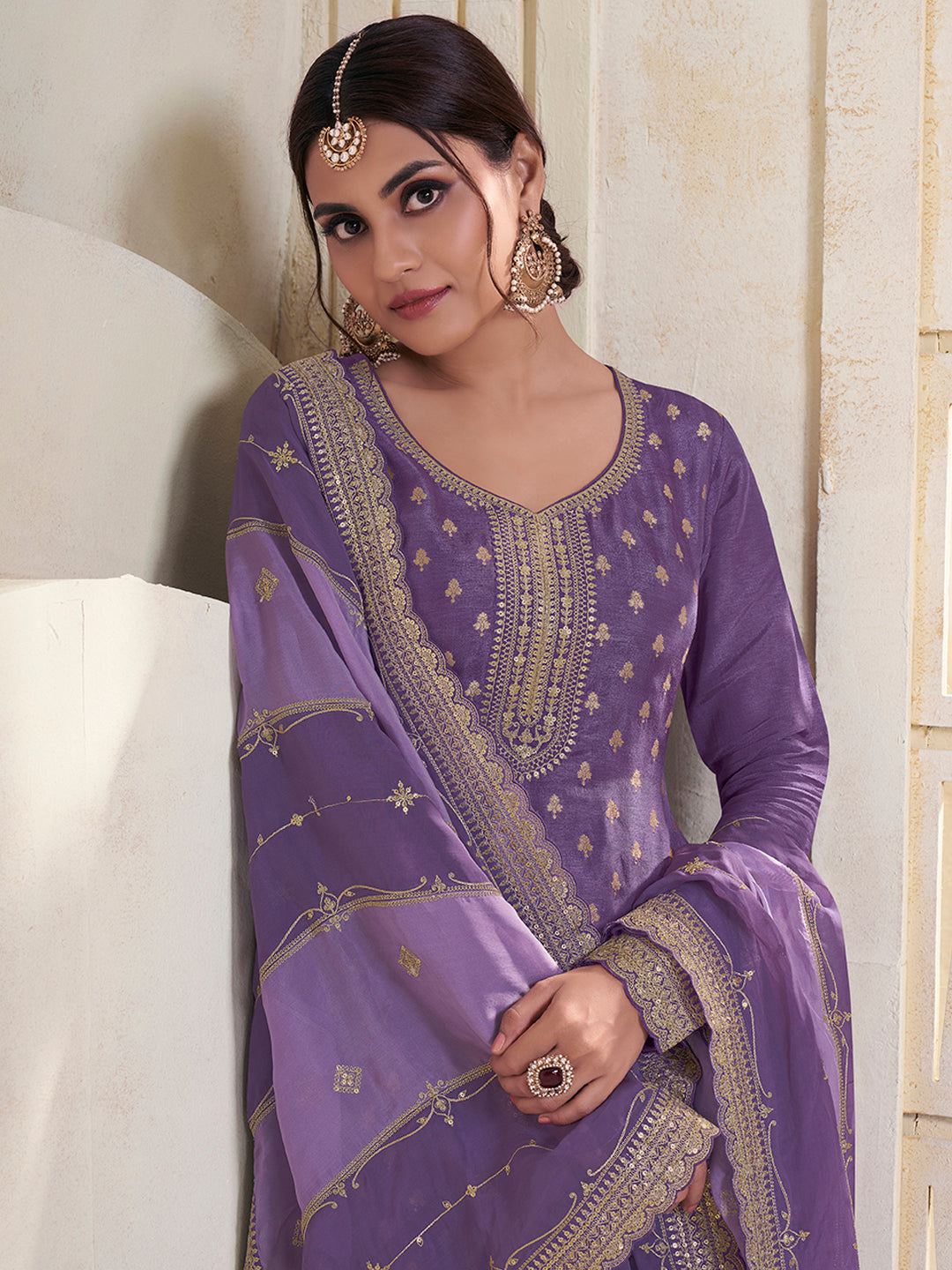 Purple Dola Jacquard with Heavy Sequins Embroidery Kurta Suit set by Qivii