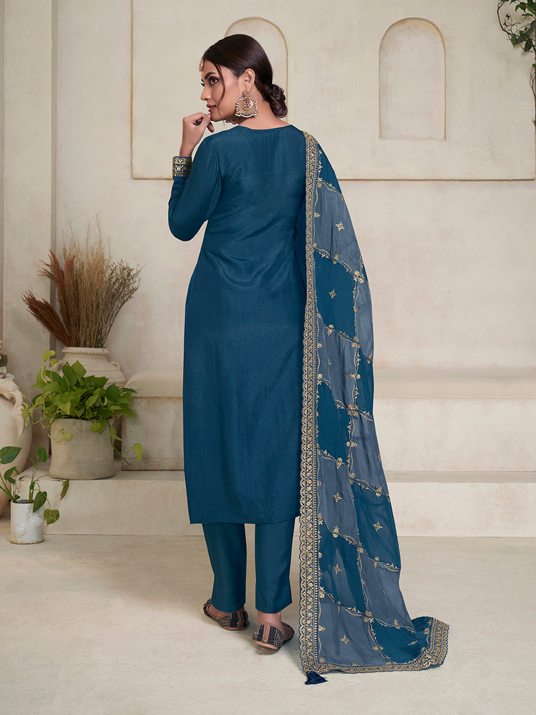 Dark Blue Dola Jacquard with Heavy Sequins Embroidery Kurta Suit set by Qivii