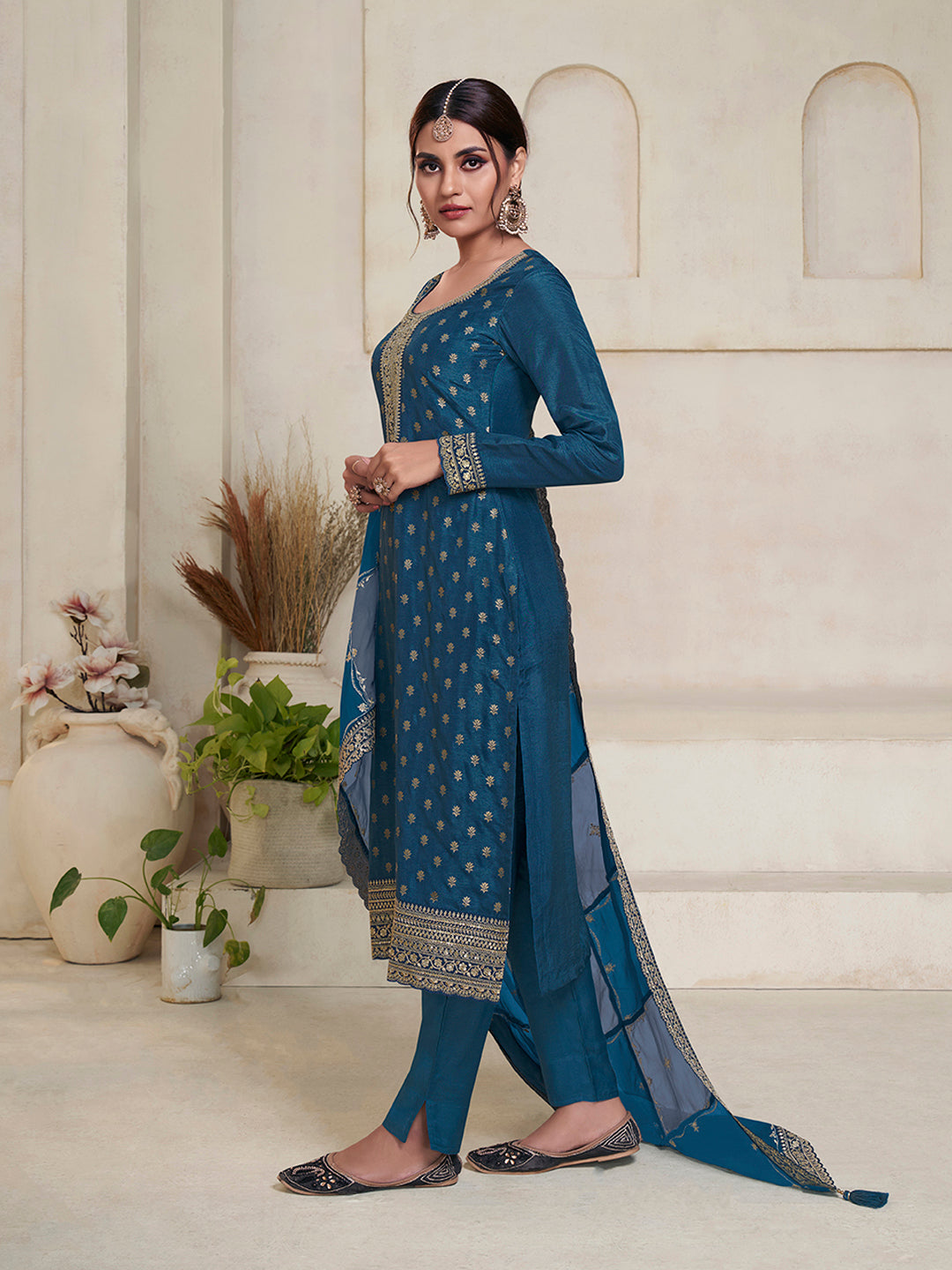 Dark Blue Dola Jacquard with Heavy Sequins Embroidery Kurta Suit set by Qivii