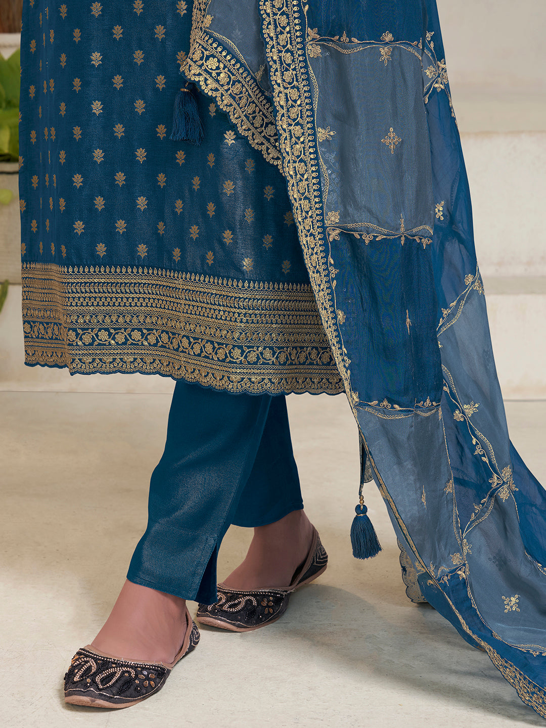 Blue Embroidered Kurta Set With Dola Jacquard and Heavy Sequins
