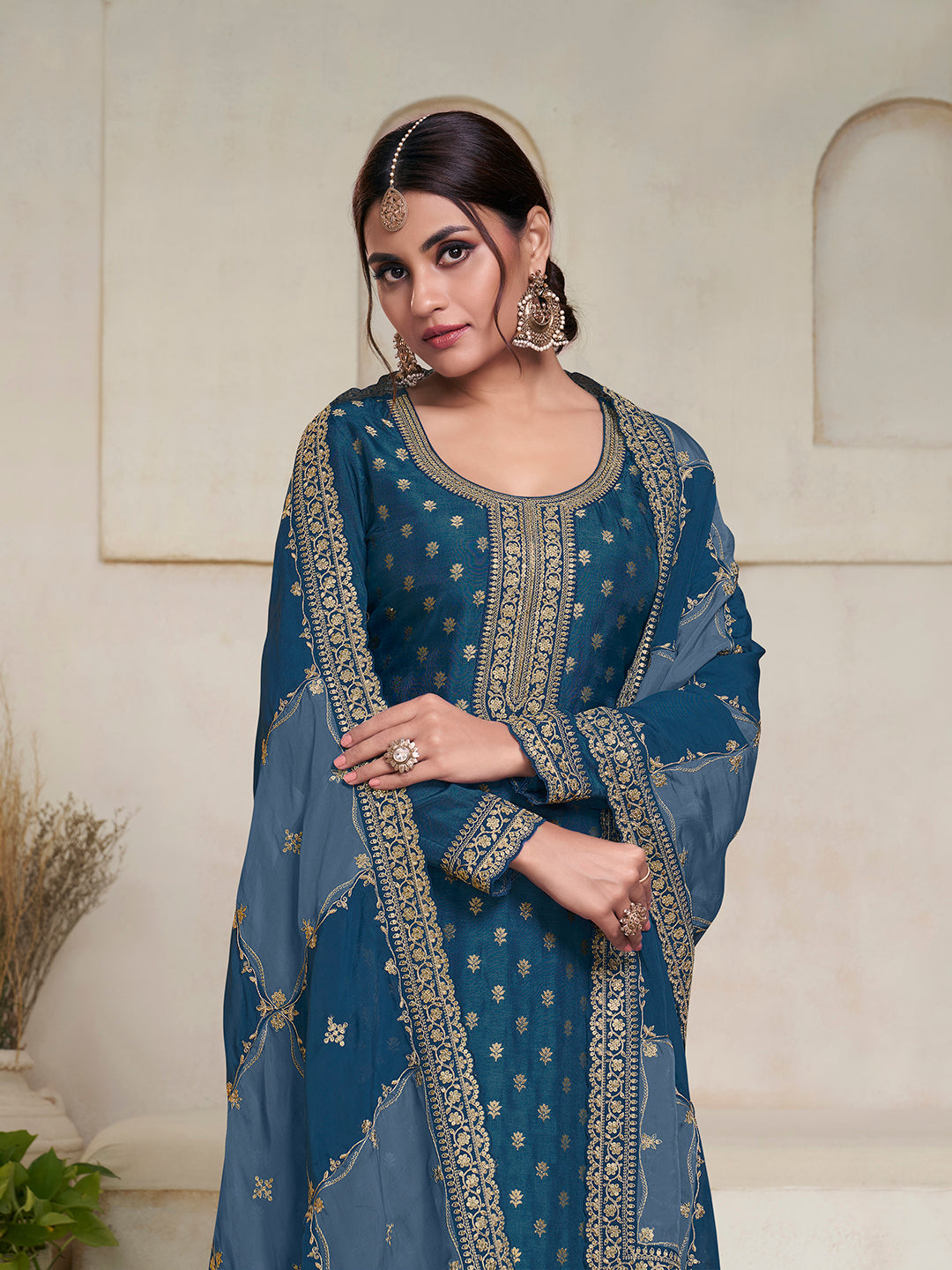 Dark Blue Dola Jacquard with Heavy Sequins Embroidery Kurta Suit set by Qivii