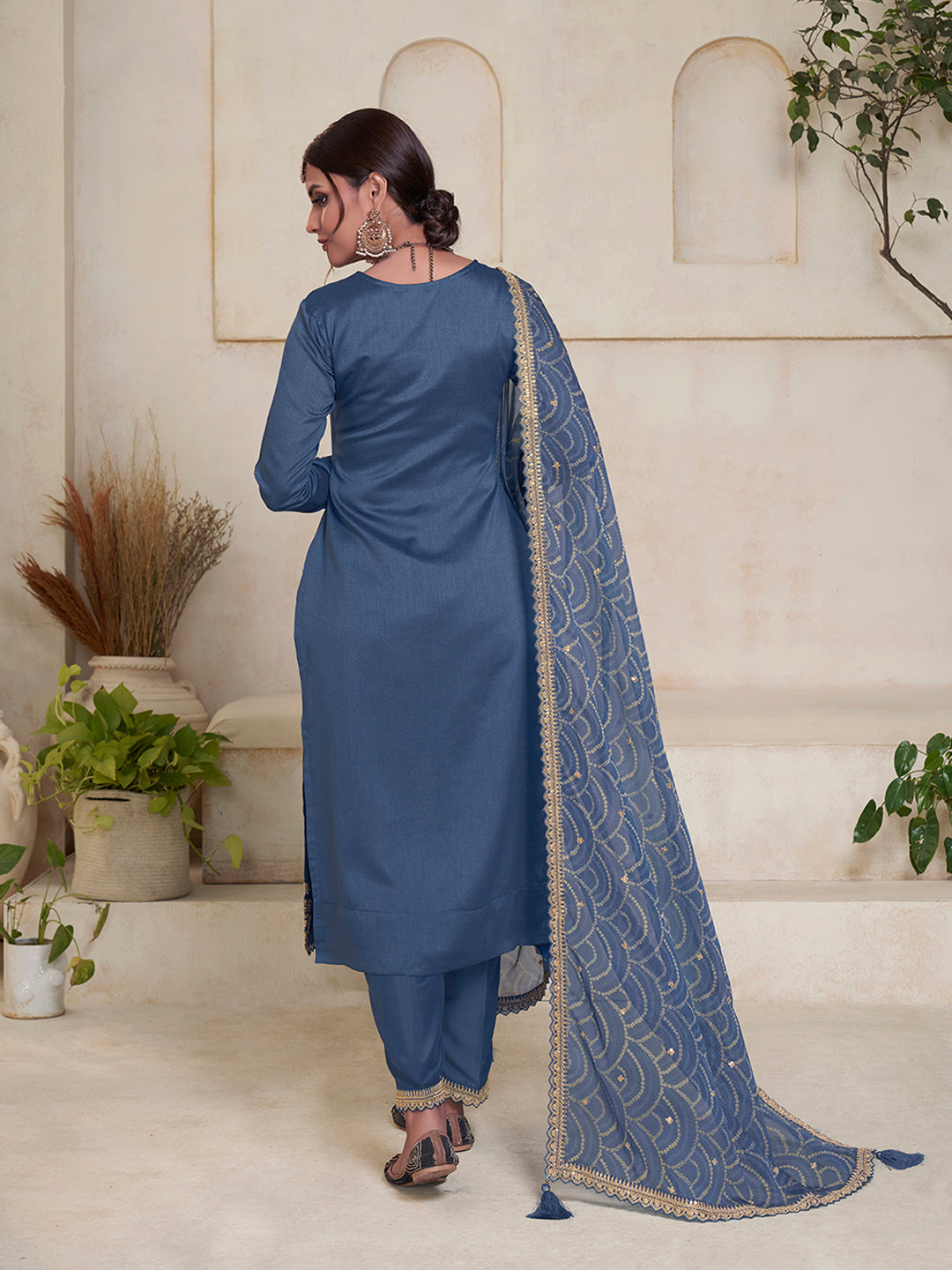 Blue Vichitra Sequins Embroidered Kurta Suit Set by Qivii