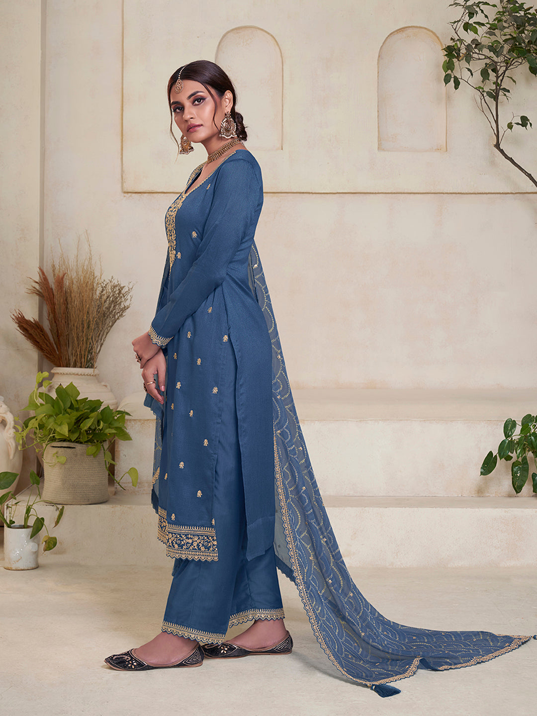 Blue Vichitra Sequins Embroidered Kurta Suit Set by Qivii