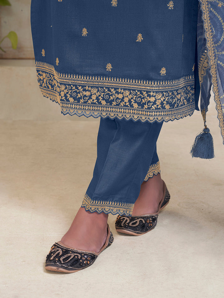 Blue Vichitra Sequins Embroidered Kurta Suit Set by Qivii