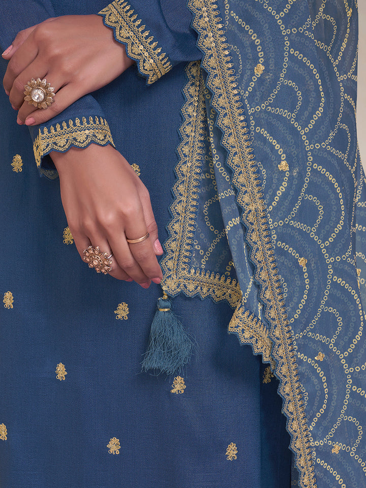 Blue Vichitra Sequins Embroidered Kurta Suit Set by Qivii