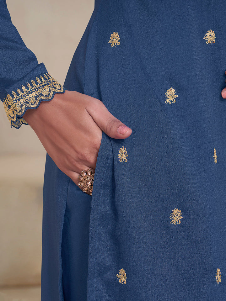 Blue Vichitra Sequins Embroidered Kurta Suit Set by Qivii