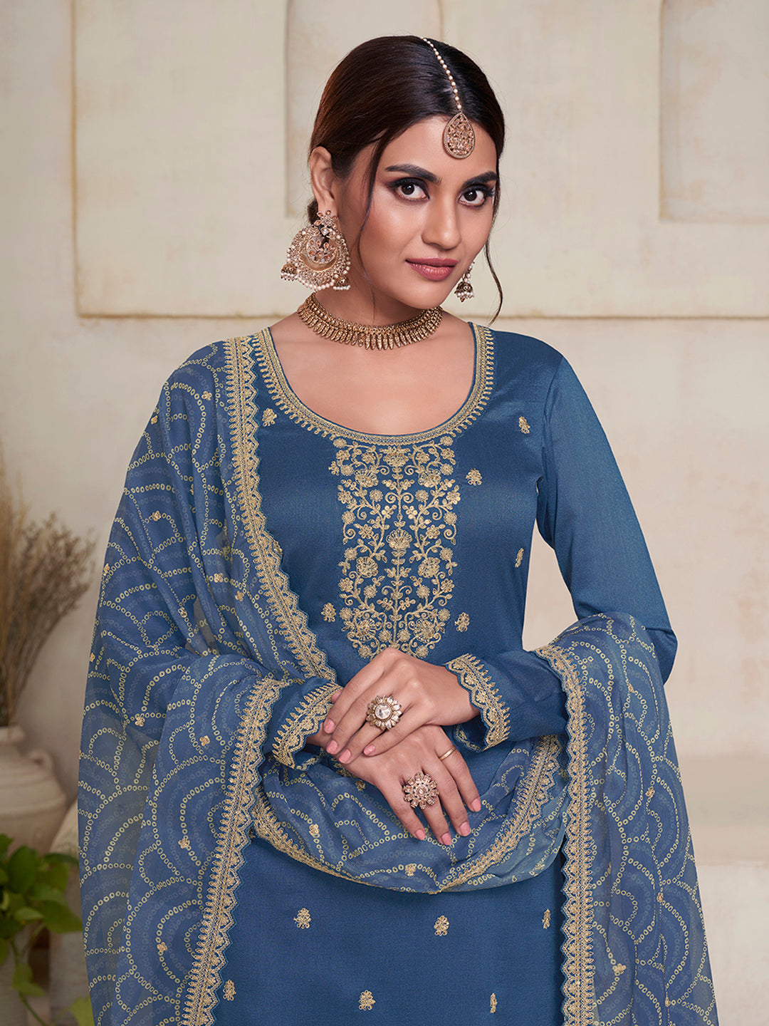 Blue Vichitra Sequins Embroidered Kurta Suit Set by Qivii