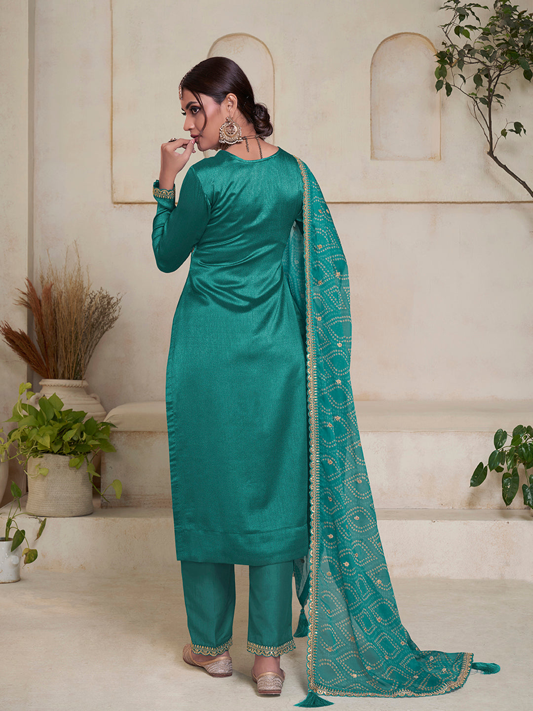 Sea Green Vichitra Sequins Embroidered Kurta Suit Set by Qivii