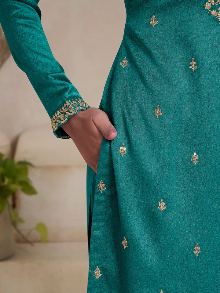 Sea Green Vichitra Sequins Embroidered Kurta Suit Set by Qivii