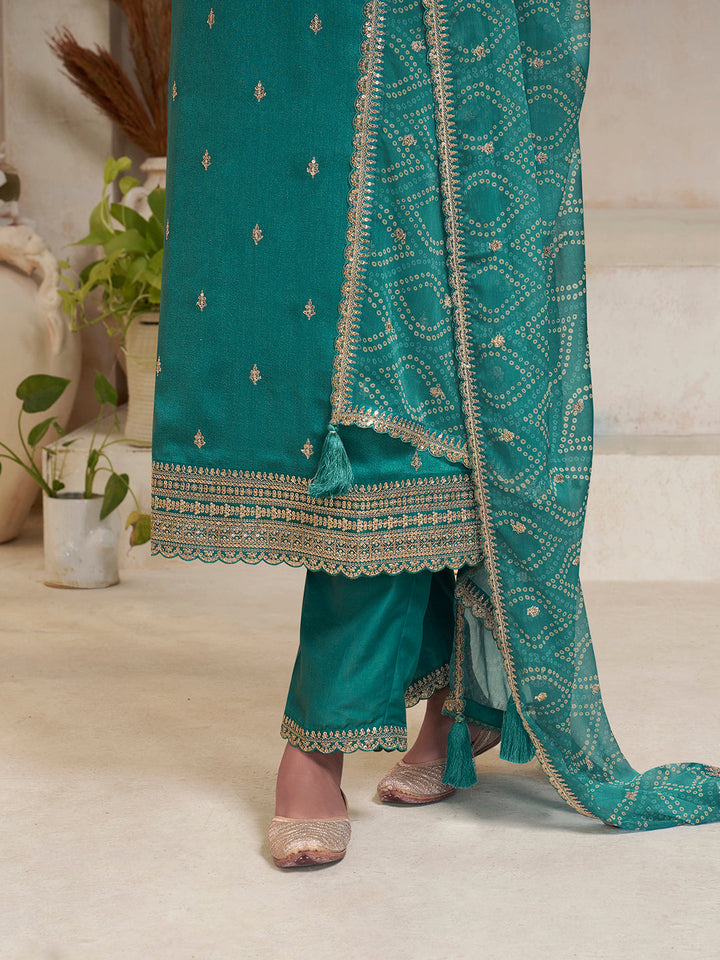 Sea Green Vichitra Sequins Embroidered Kurta Suit Set by Qivii