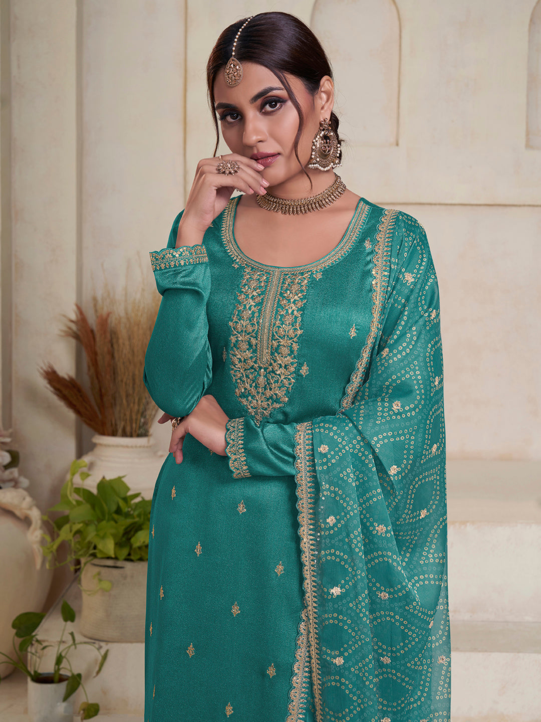 Sea Green Kurta Set Suit in Vichitra Sequins Embroidered