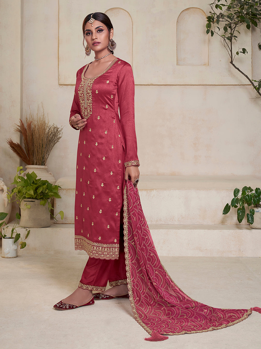 Dusty Red Vichitra Sequins Embroidered Kurta Suit Set