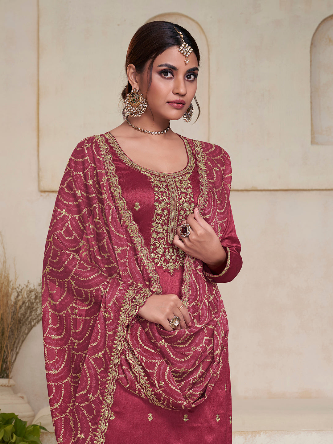 Dusty Red Vichitra Sequins Embroidered Kurta Suit Set