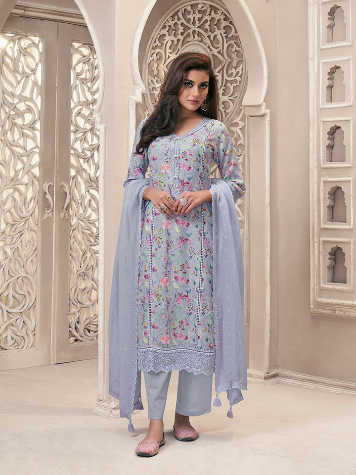 Lavender Linen Fabric with Floral Printed and Shiffli work Kurta Suit Set by Qivii