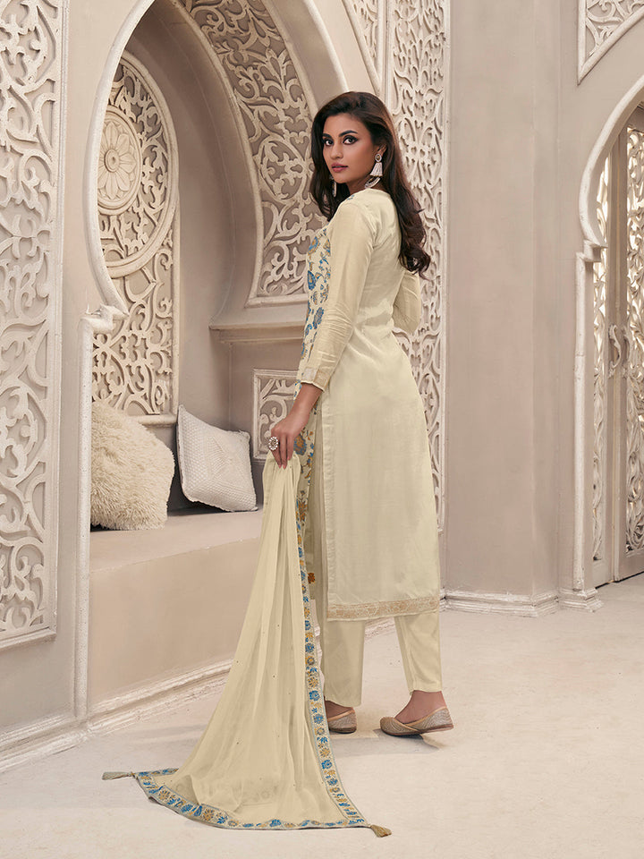 Off-White Meena Jacquard Colour Floral Kurta Suit Set by Qivii