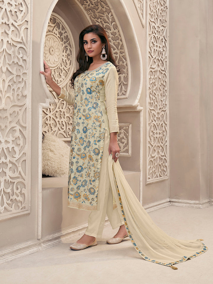 Off-White Meena Jacquard Colour Floral Kurta Suit Set by Qivii