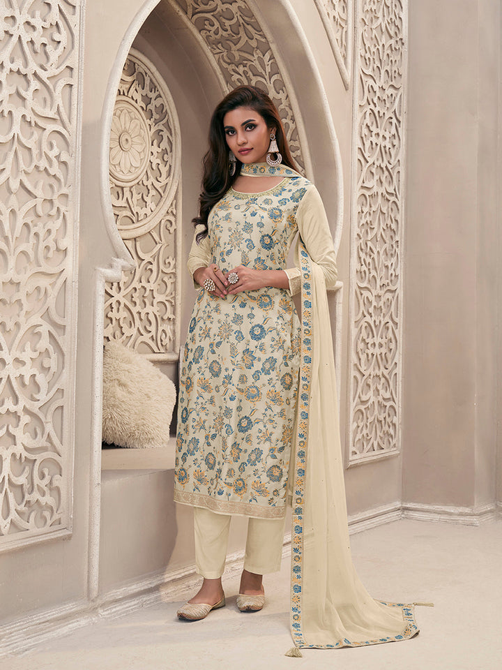 Off-White Meena Jacquard Colour Floral Kurta Suit Set by Qivii