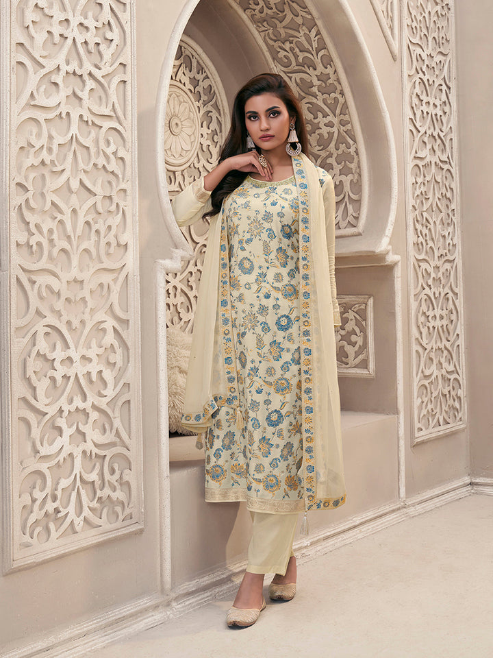 Off-White Meena Jacquard Colour Floral Kurta Suit Set by Qivii