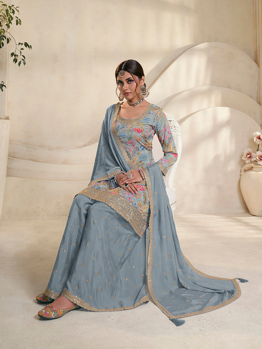 Light Blue Printed Sharara Suit Set in Chinon Digital Floral - qivii