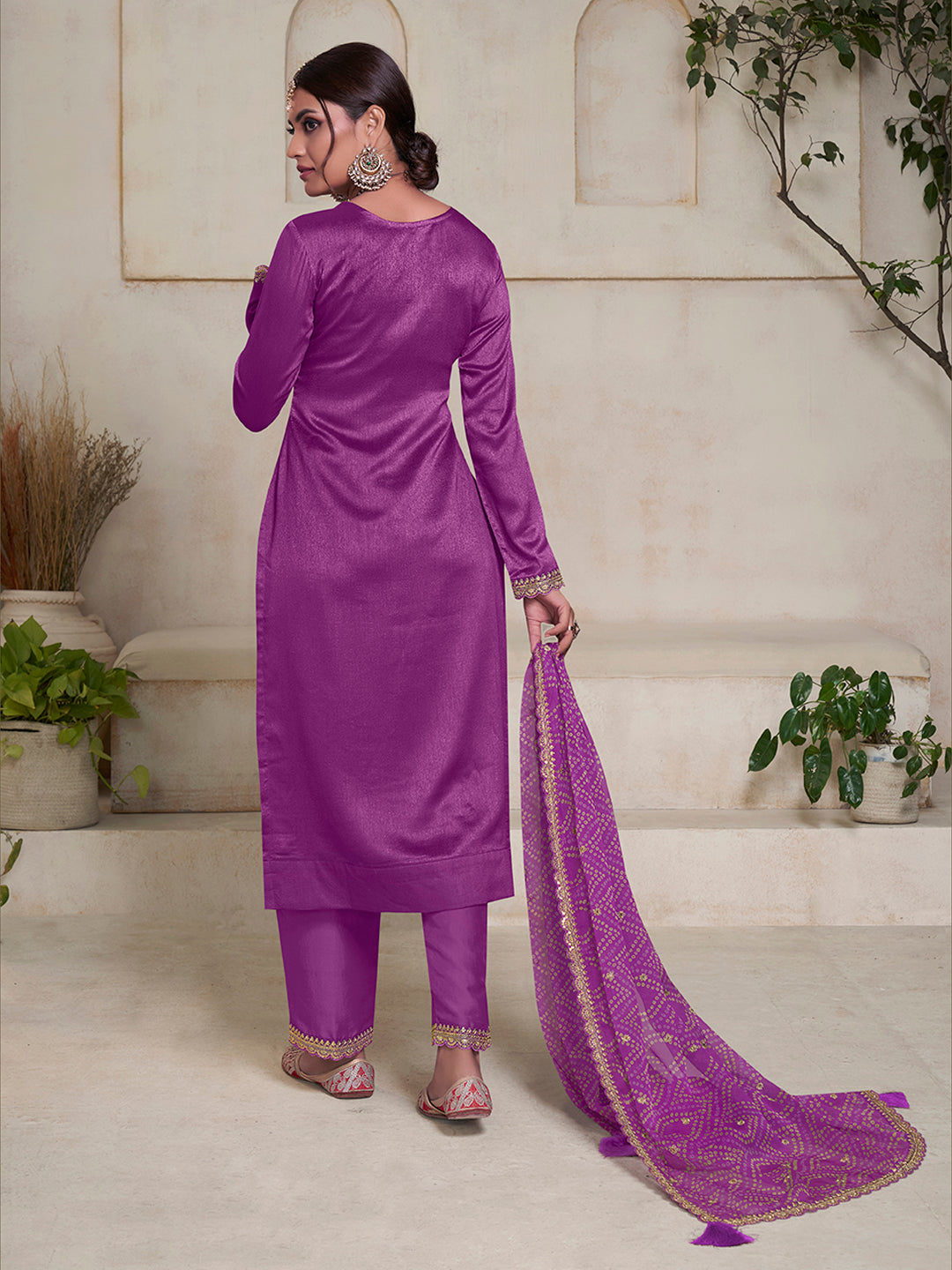 Purple Vichitra Sequins Embroidered Kurta Suit Set by Qivii