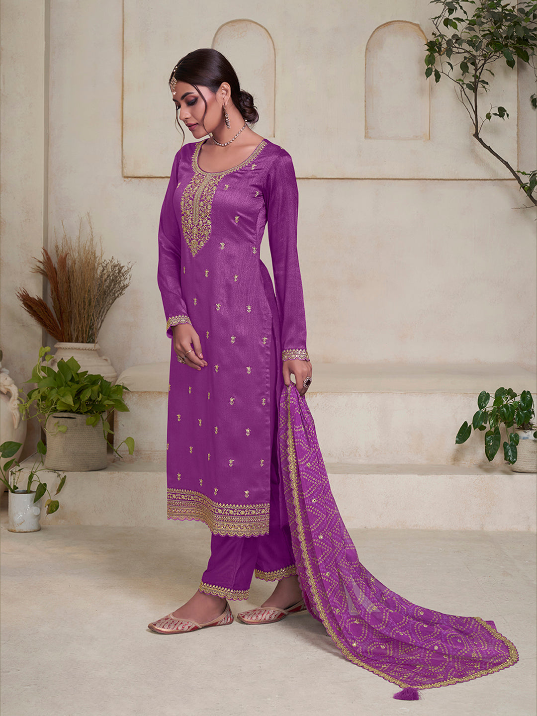 Purple Vichitra Sequins Embroidered Kurta Suit Set by Qivii