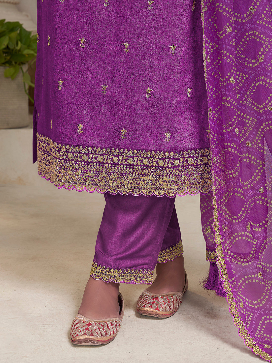 Purple Vichitra Sequins Embroidered Kurta Suit Set by Qivii