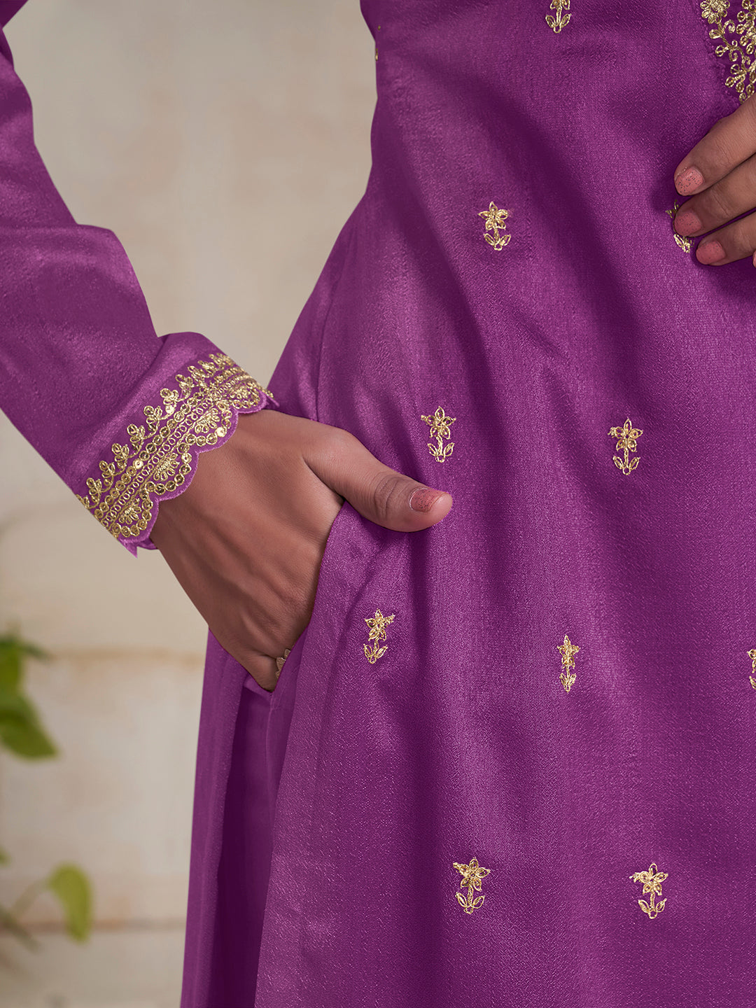 Purple Vichitra Sequins Embroidered Kurta Suit Set by Qivii