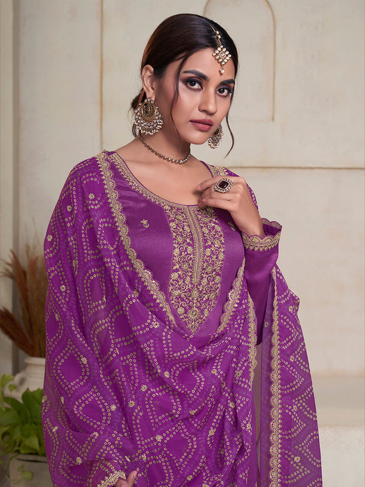 Purple Vichitra Sequins Embroidered Kurta Suit Set by Qivii