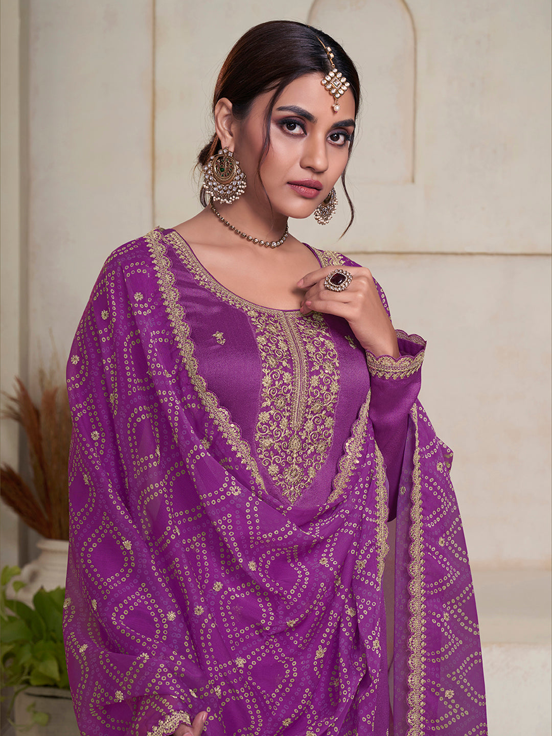 Purple Vichitra Sequins Embroidered Kurta Suit Set