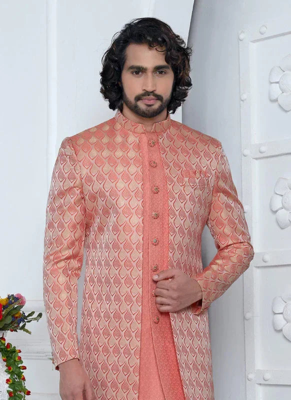 Men's Peach Pink Jacquard Silk Embroidery Indo Western Set