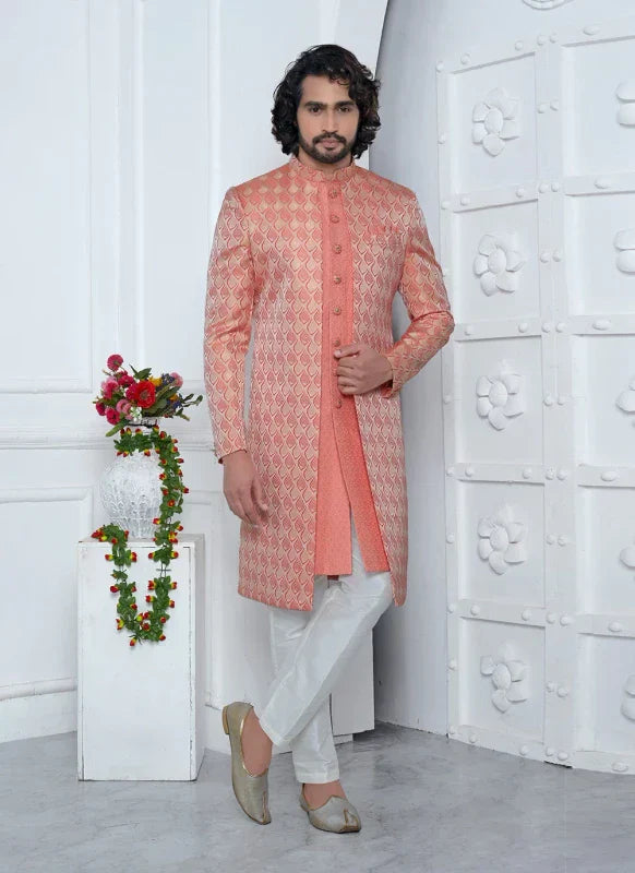 Men's Peach Pink Jacquard Silk Embroidery Indo Western Set