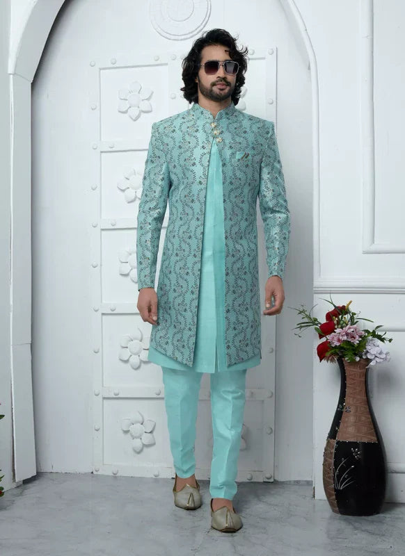 Men's Firozi Jacquard Silk Embroidery Indo Western Set